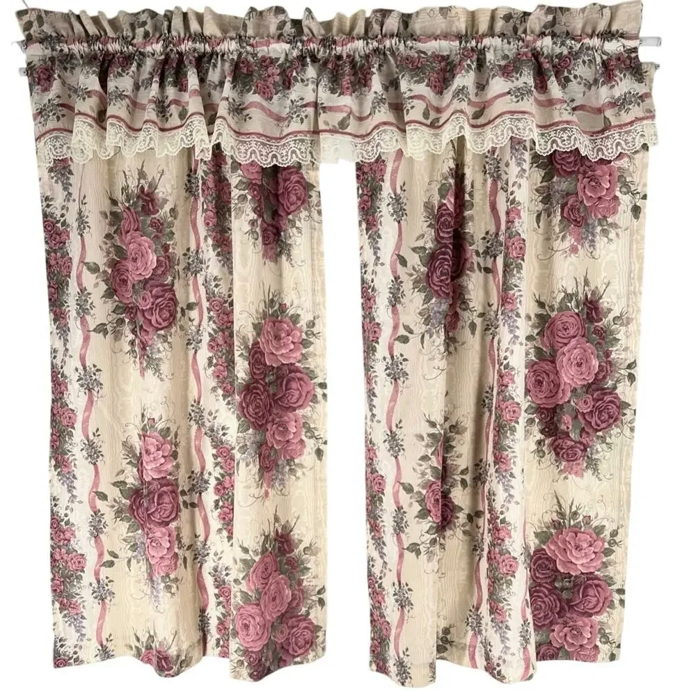 Vintage Cottagecore Curtains Floral Rose Ribbon Pattern 3 Piece Set 80s